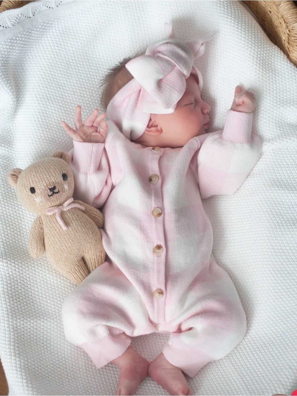 Newborn Gingham Sweet June Pink & White Knit Buffalo Check Onesie, booties & Bow